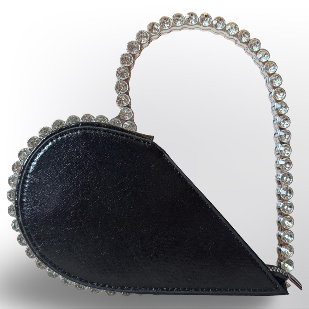 (NWOT) Elegant Black Heart-Shaped Bag with Crystal Accents
